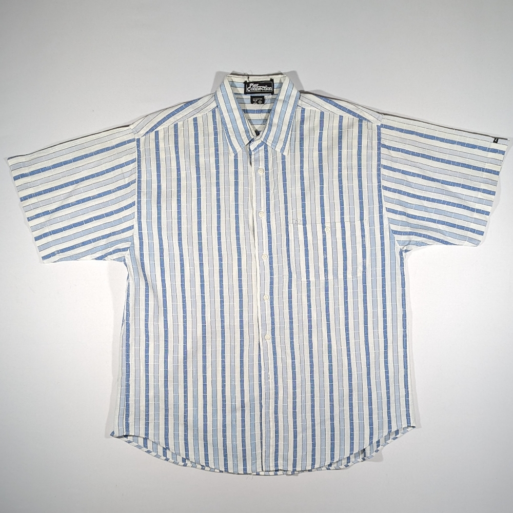 Vintage 90s Pier Connection Dress Shirtens Size Medium Striped Short Sleeve